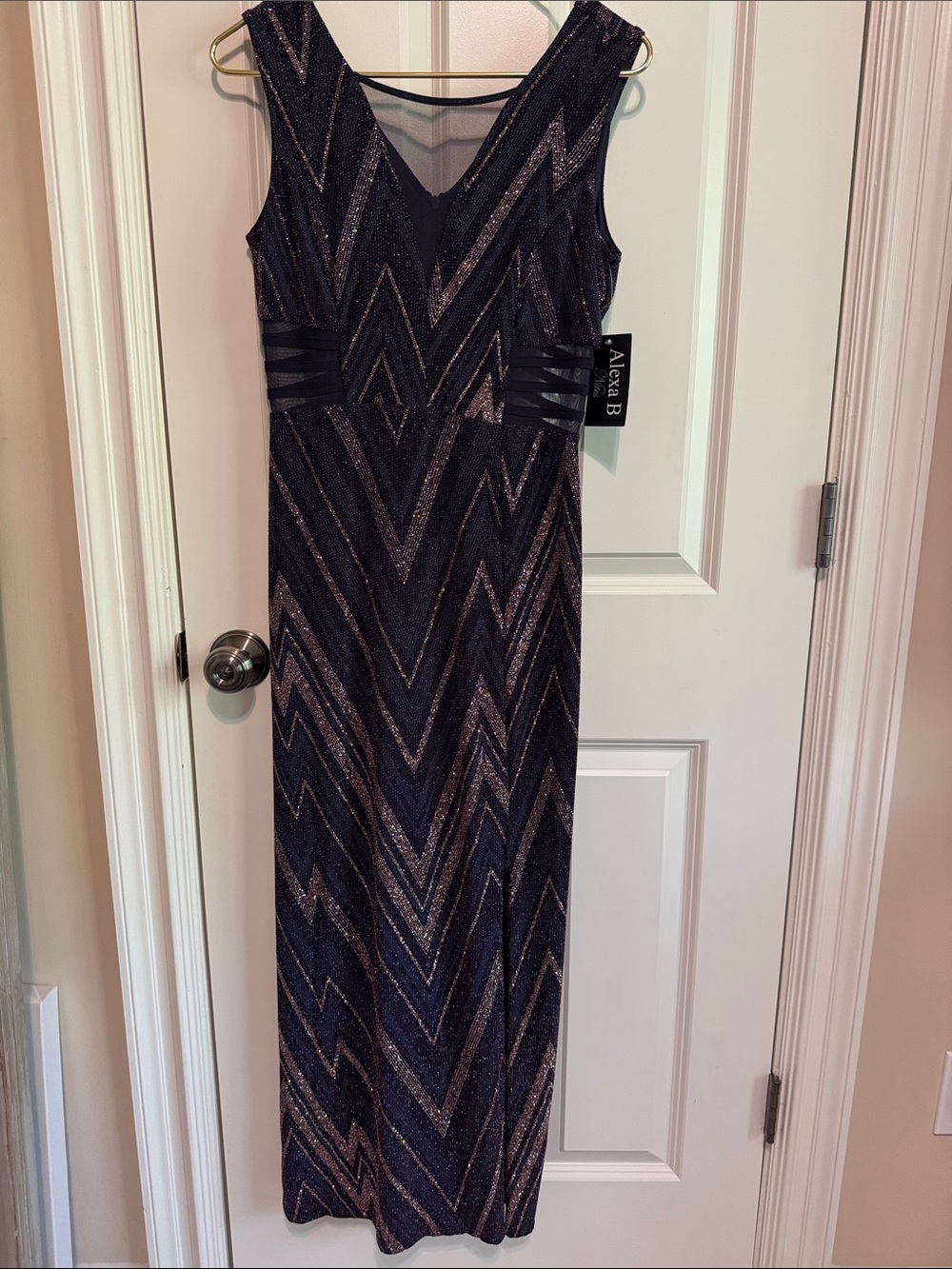 Alexa B Navy and Rose Gold V-Neck Evening Gown